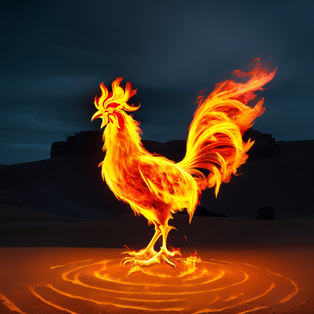 00996-331142874-a (firecd, fire, flame, burning) rooster, standing on sand, (solo_1.2), , no humans, high quality, masterpiece, realistic, photo.png